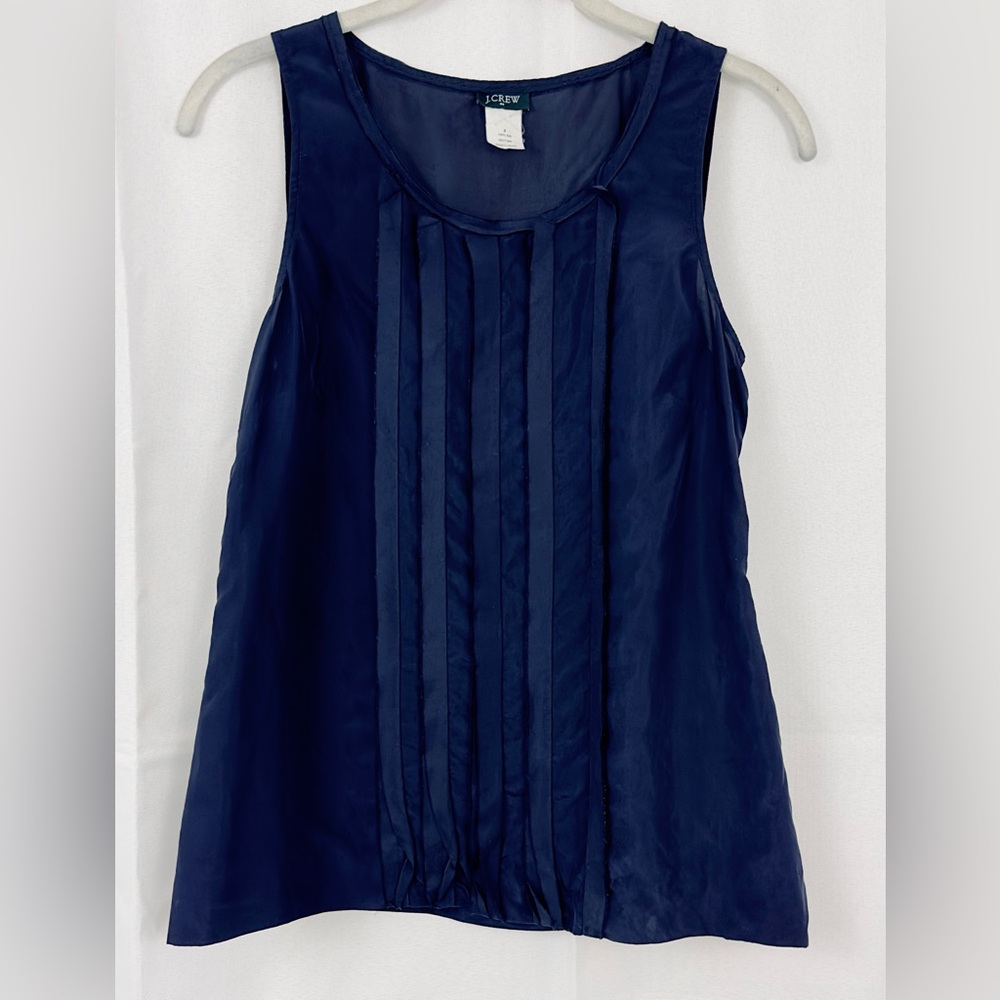 J. Crew - 100% Silk Navy Crew Neck Blouse Tank Raw Edge Pleating Front Detail 2